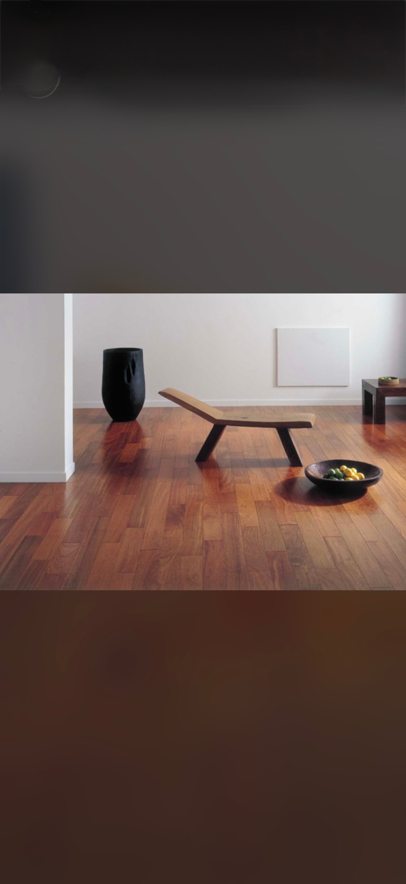 Minimalist interior with wooden bench and hardwood floor