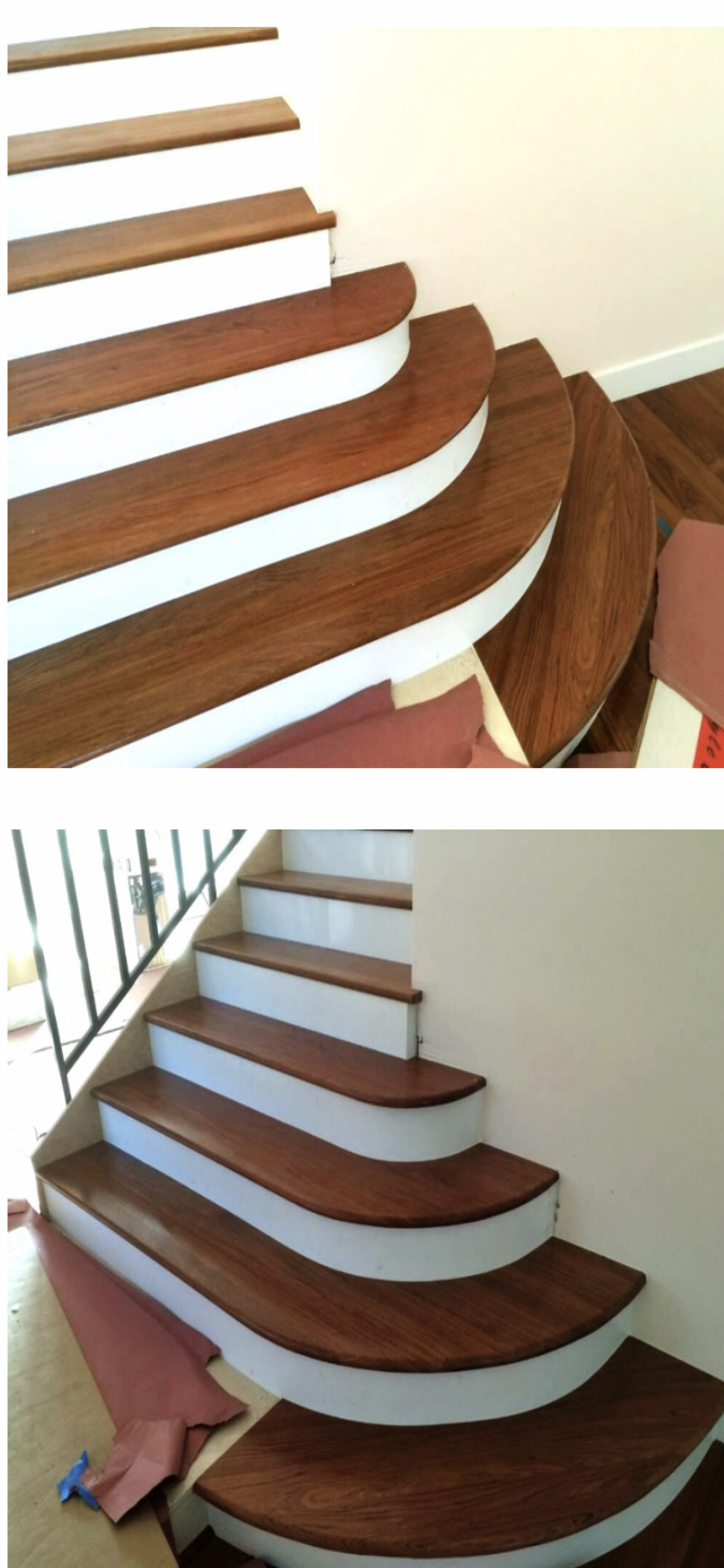 Curved wooden staircase with dark hardwood treads
