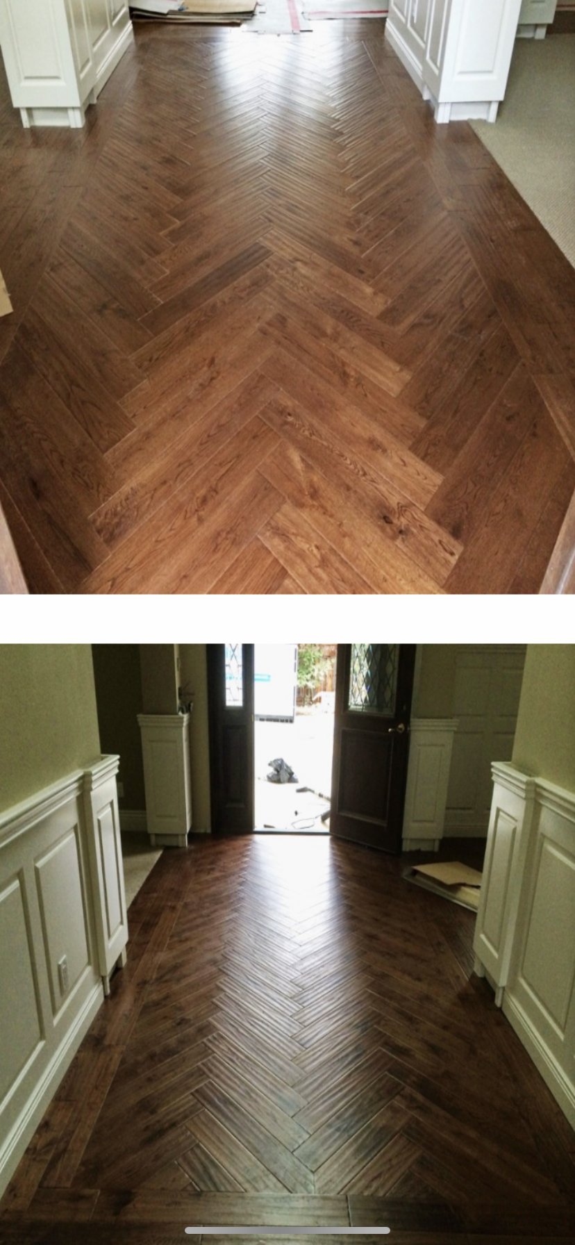 Herringbone hallway hardwood floor installation